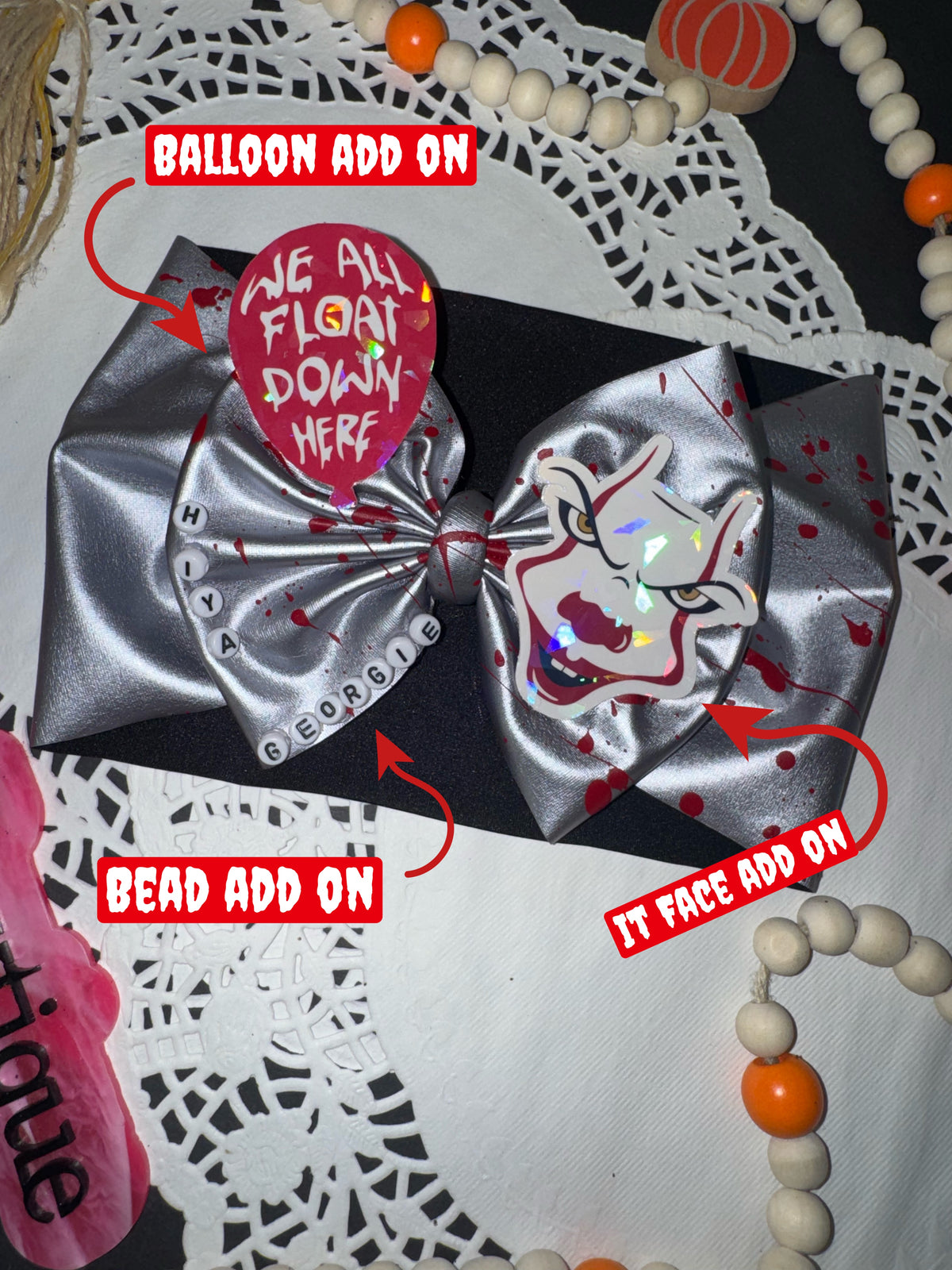 Silver pleather blood spattered bow