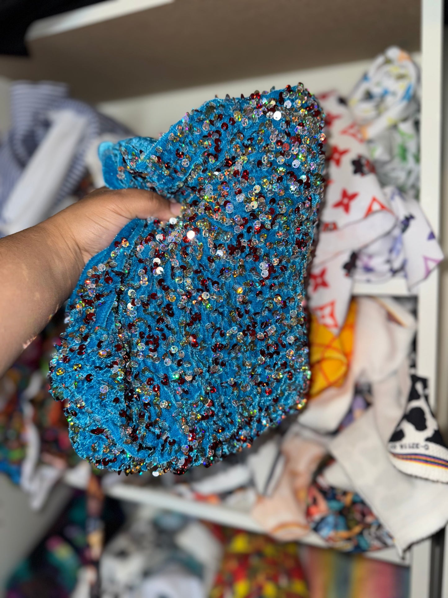 Blue colorful sequins velvet bow