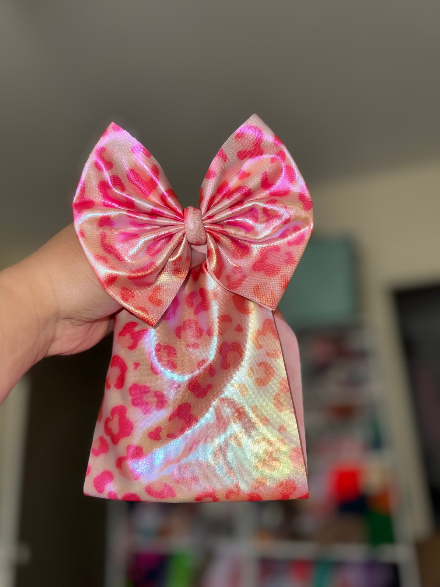 Pink holo leopard bow
