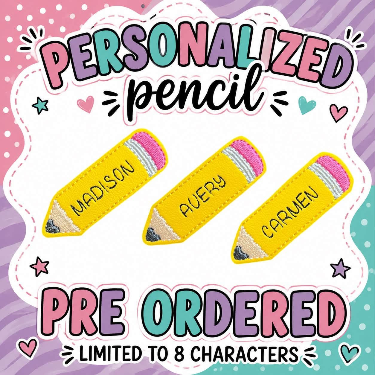 Pencil feltie embroidered name clip