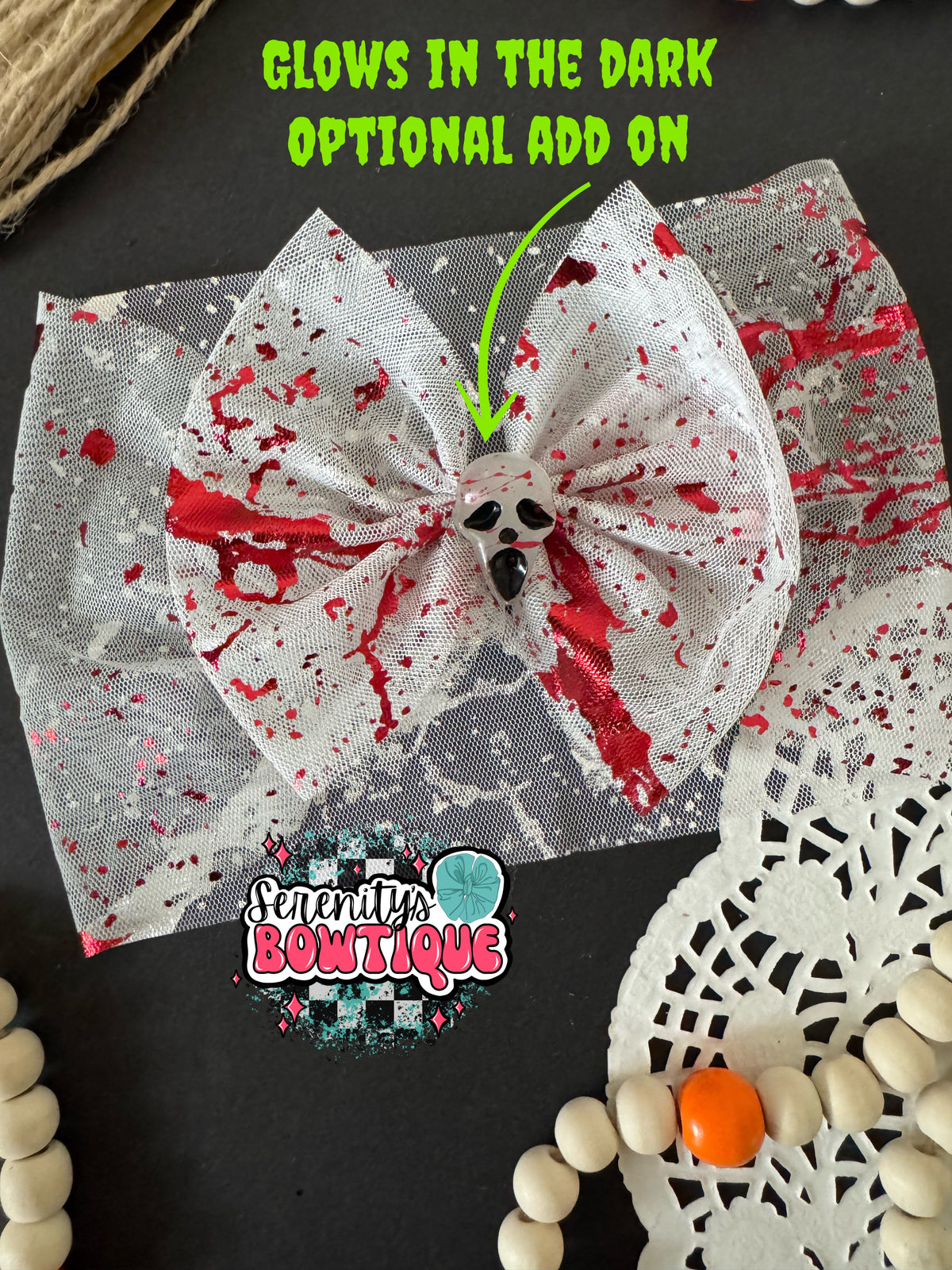 White mesh blood splatter bow